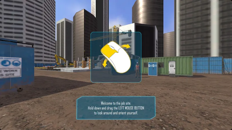 Browser-based Web3D construction-site simulation showing mouse navigation instructions