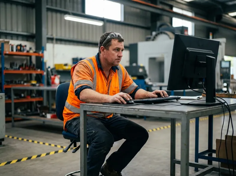 Employee in a workshop completing training at a desktop computer